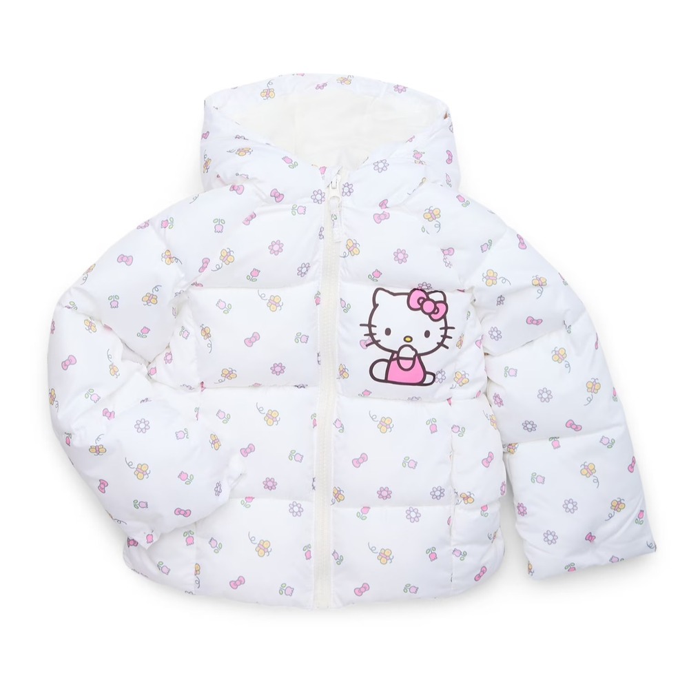 Hello Kitty Girls Puffer Jacket Size 4T White Print Hooded Midweight Winter Coat